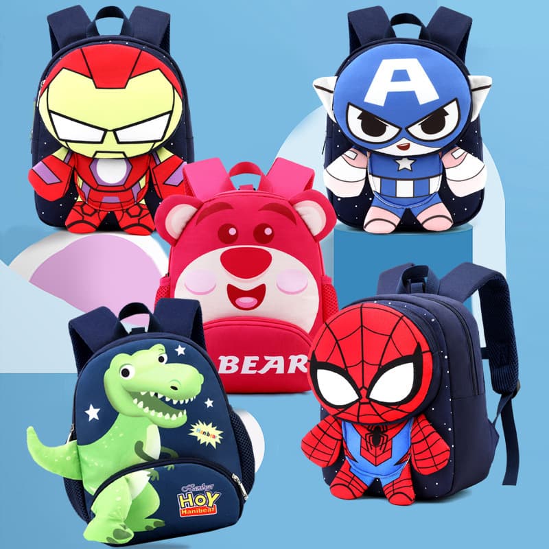 Children's backpacks for kindergarten boys aged 2-5, featuring cute cartoon characters like dinosaurs and spiders, designed to prevent children from getting lost.