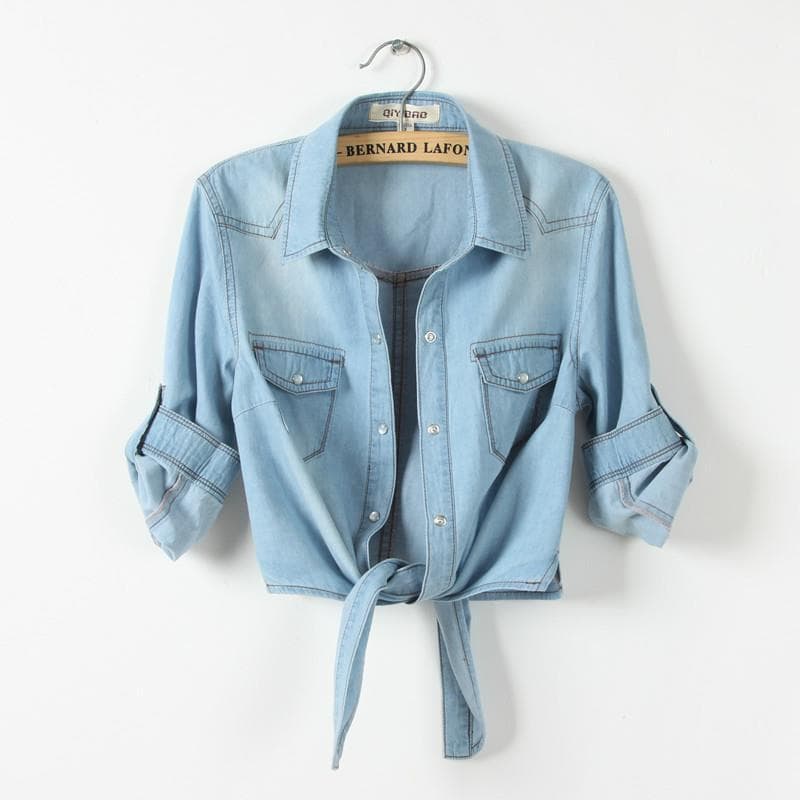 Cross-border supply large size lace-up thin denim shirt women's short coat small shawl mid-sleeve sun protection denim jacket