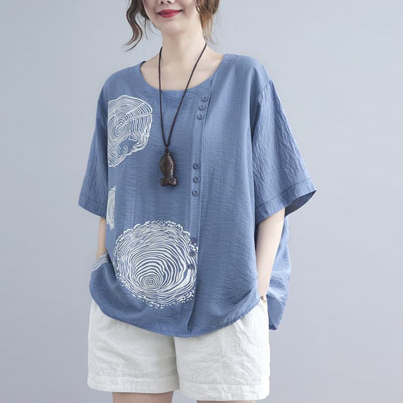 2025 New Summer Cotton Linen T-Shirt for Women, Printed Top, Round Neck, Loose Fit, Plus Size, Artistic Retro T-Shirt