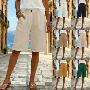 2026 New Women's Cotton-Linen Blend Shorts for Europe and America Amazon Summer Shorts Casual Daily Shorts Mid-Rise Solid Color