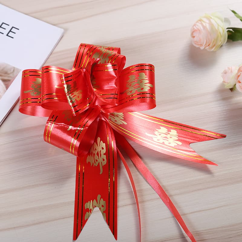 Free shipping large gold-edged hand-pull streamer bows, wedding car door handle rearview mirror pull-string, party decoration wholesale