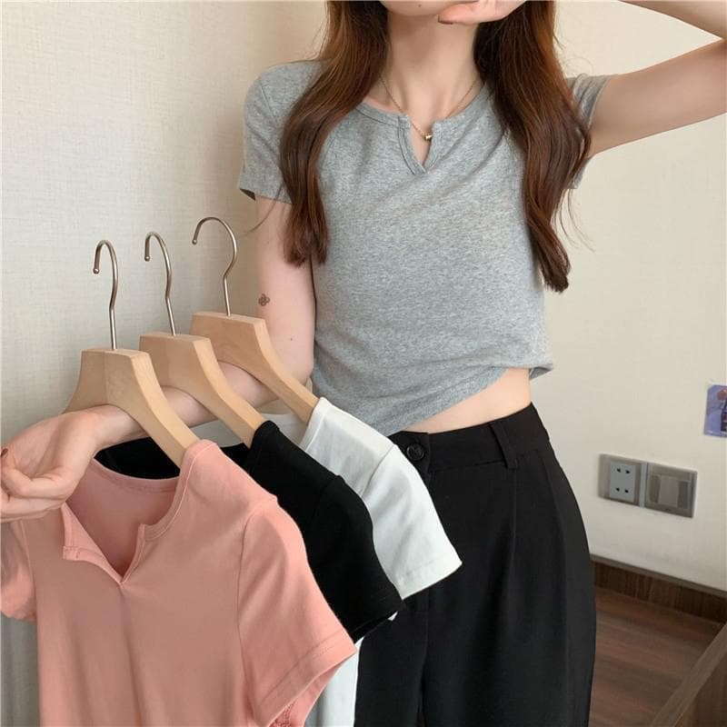 Short Sleeve Slim Fit Summer T-Shirt Women's Fashion Design Belly Baring Hot Girl Style Top Polyester Fiber Round Neck Comfortable Casual