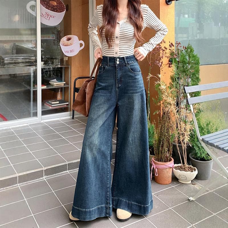 Women's Wide-Leg Jeans Stretch Vintage Blue Flowing Floor-Length Pants 2025 High-Waist Slimming Spring New Arrival