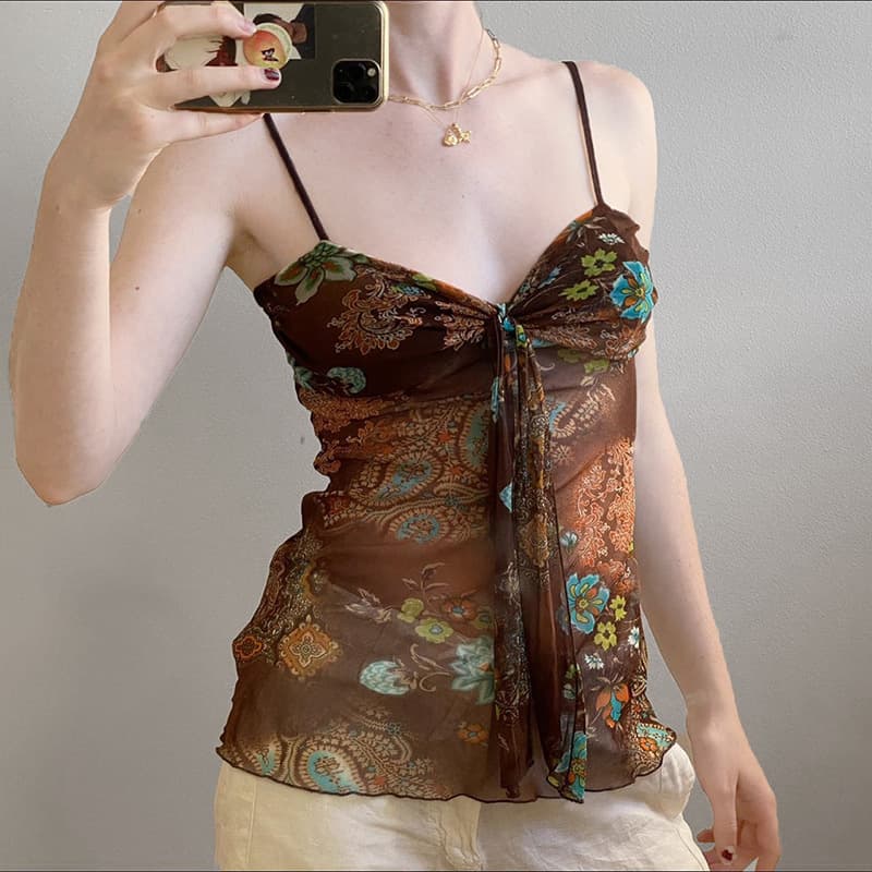 European and American Retro Contrast Print V-Neck Camisole for Women 2025 Spring Contrast Slim Pleated Tie Sheer Top