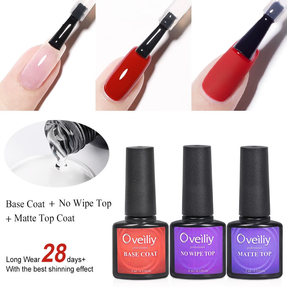 Nail Art Functional Gel 8ml Lightweight Set: Base Coat, No-Wipe Matte Top Coat, Color Gel Polish Set