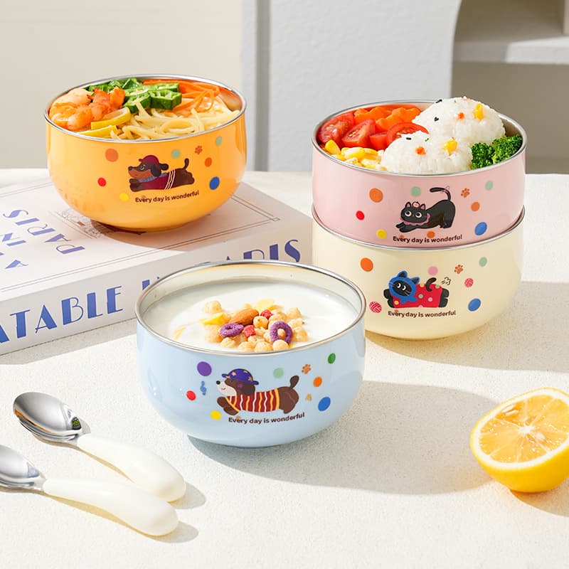 316 stainless steel children's bowl double layer anti-scalding and fall-resistant cartoon food supplement small bowl eating tableware cute baby eating