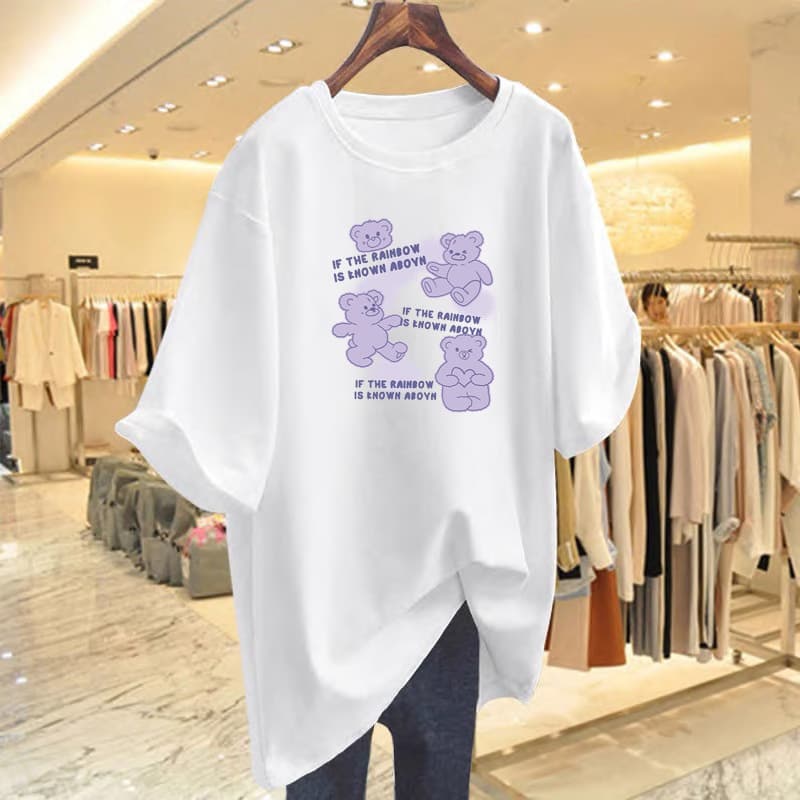 Summer Loose New Pure Cotton Top Cartoon Bear T-Shirt Round Neck Printed Short-Sleeved Top Bottoming Shirt