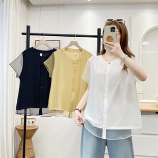2026 Summer Plus Size Shirt, Short Sleeve Organza Patchwork Women's Cardigan, Simple Casual Blouse for Full-Figured Women, Style 2650