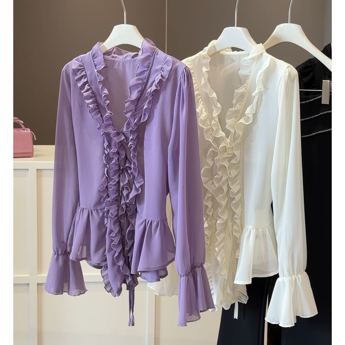 French Ruffle V-Neck Long Sleeve Chiffon Blouse Women Summer New Thin Flared Sleeve Shirt Loose Slimming Top