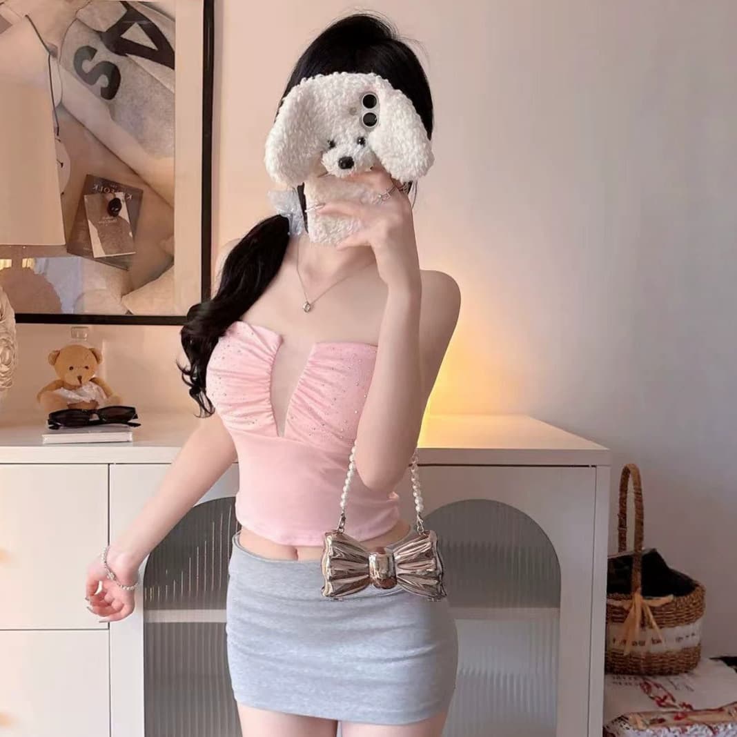 2033 Rhinestone Tube Top for Women Summer Pure and Seductive Slim Fit Short Crop Top Hot Girl Style Sleeveless Top
