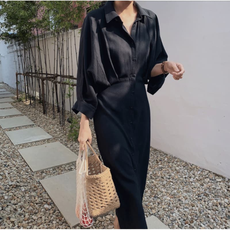2026 Spring/Summer New Women's Tie Loose Fitting Slimming Shirt Dress Over-the-Knee French Vintage Cotton Linen Dress