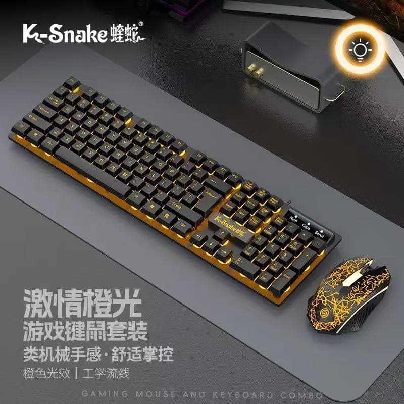 Viper KM320 Wired Keyboard and Mouse Set U+U Orange Transparent Glowing Crack Design for Computer Gaming