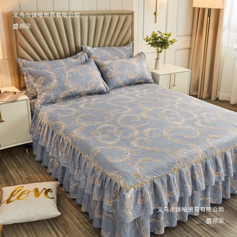 Korean Cartoon Bed Skirt Style Single Bed Cover Mattress Anti-Slip Protector Double Bed Skirt Three-Piece Set