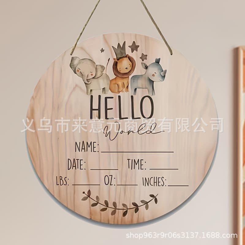 "Hello World" Jungle Animal Baby Birth Memorial Wooden Sign Personalized Baby Name Weight Height