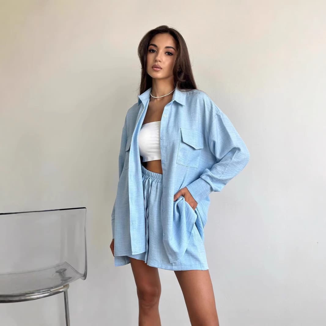 Cross-border Amazon European and American Style New Autumn and Summer Simple Long-sleeve Commuter Shirt Short Outerwear Mid-length Set