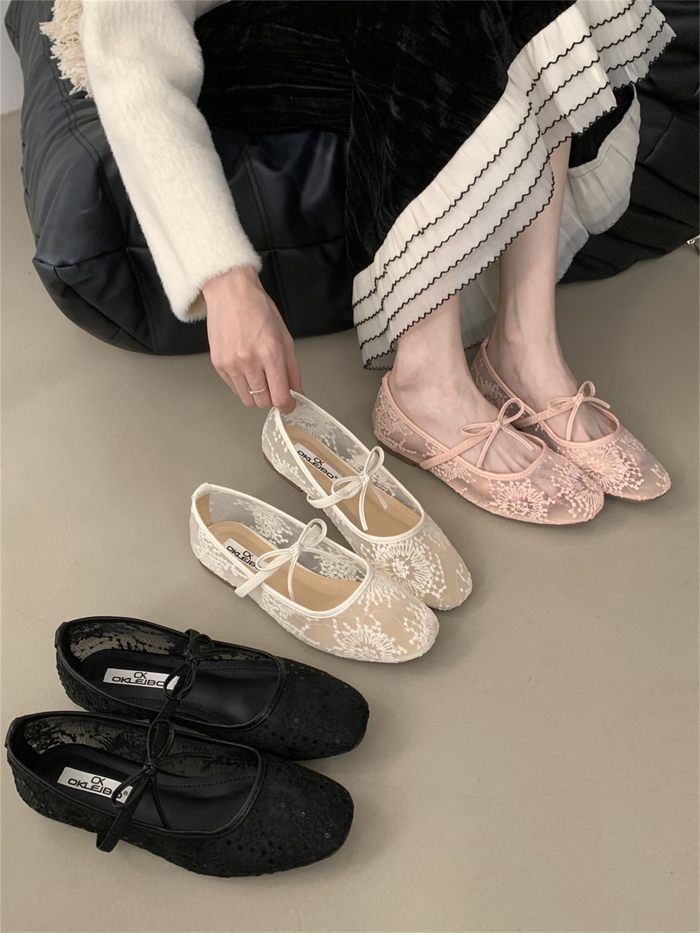 Gentle Evening Breeze Bow Ballet Flats Women 2025 New Fairy Hollow Mesh Lace Embroidered Shoes