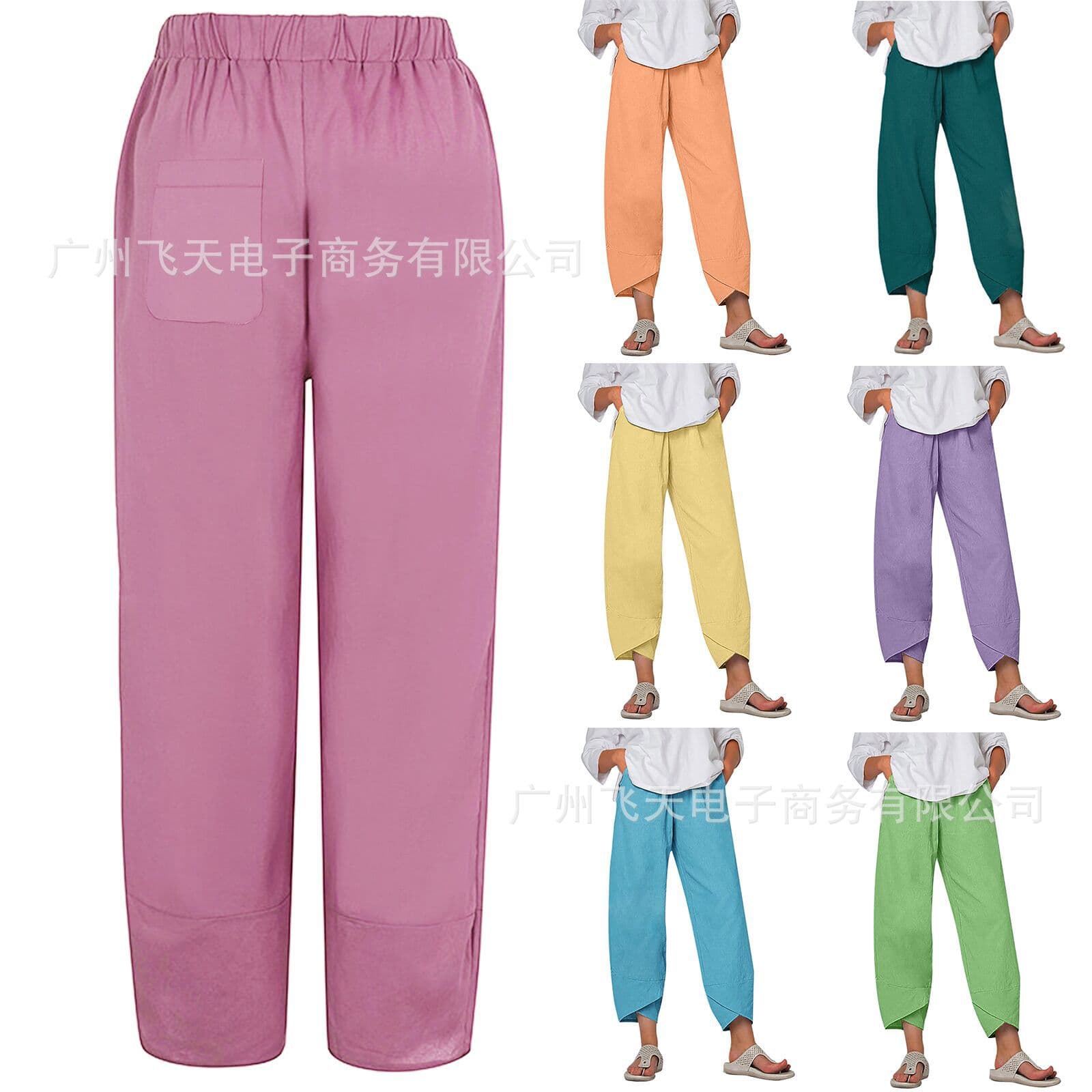 New cross-border women's clothing, European and American style, solid color, plus size, simple patchwork, pocket, loose and casual cropped pants.