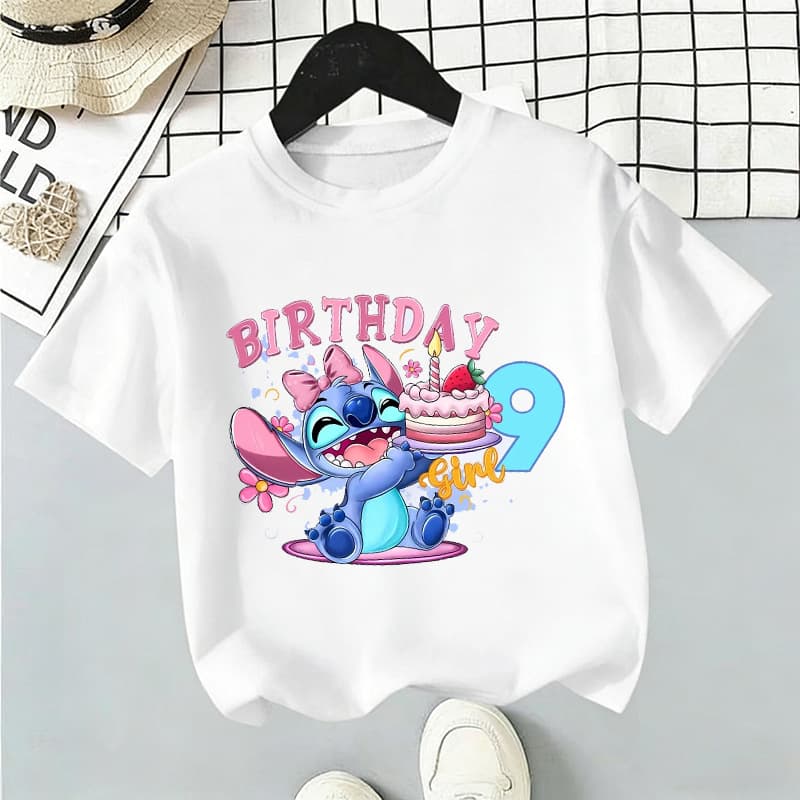Stitch 1-9th Birthday Girl T-Shirt Kids' Cartoon Birthday Theme 220g Pure Cotton Short-Sleeved 60409-3