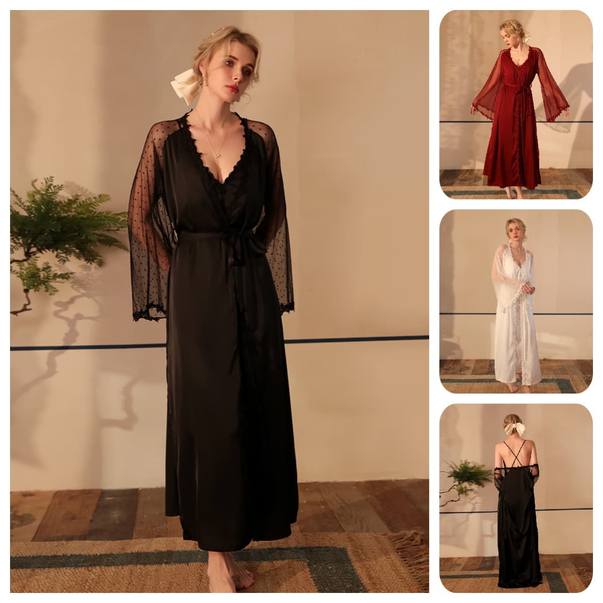 New Sexy Polka Dot Nightgown Long Water-soluble Embroidered Bathrobe Pajamas Women's Long-sleeved Satin Robe Home Clothes 518