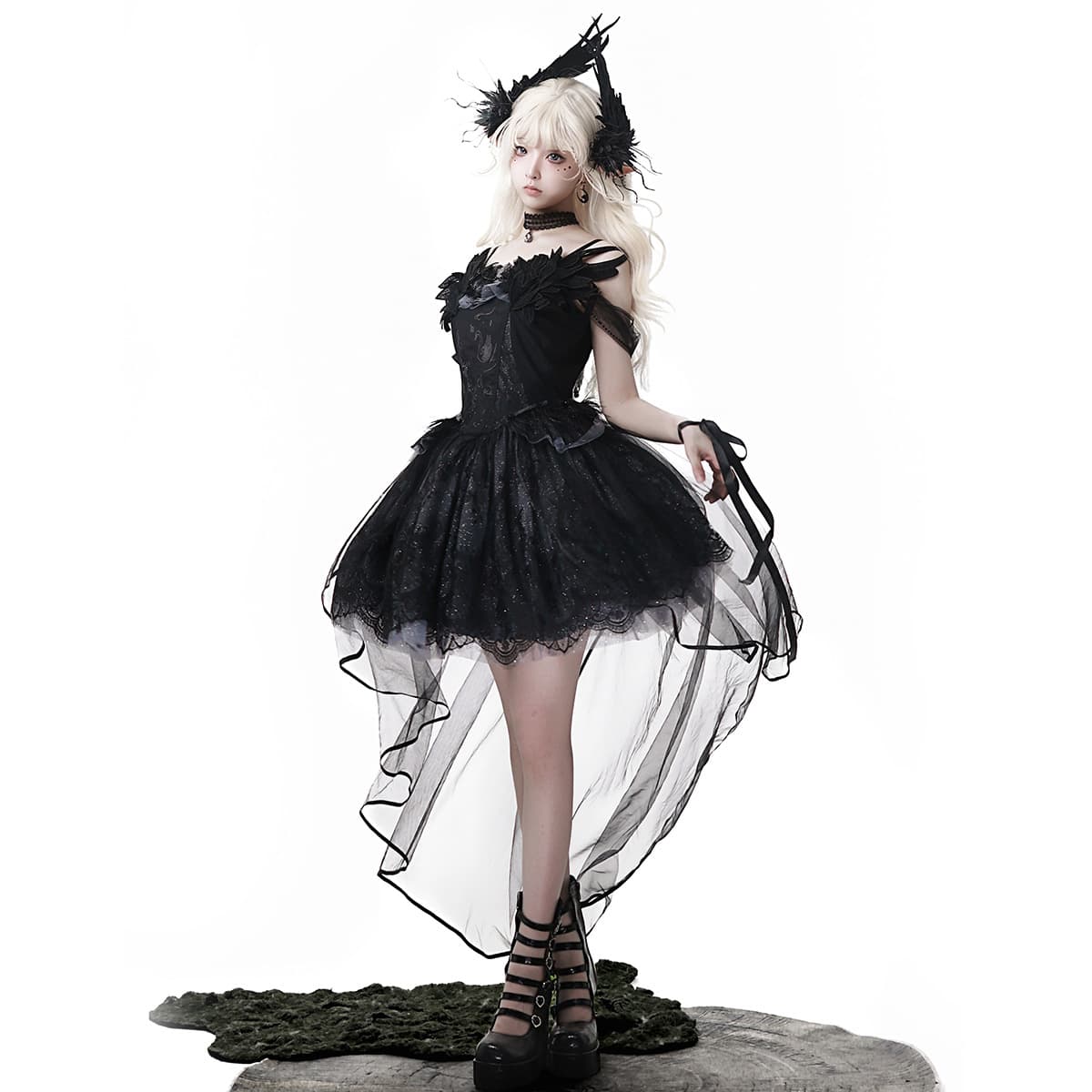 Xiong Doujiang original Star Swan Dream Lolita set with tie, hair accessories, wrist cuffs, and suspender skirt 7306