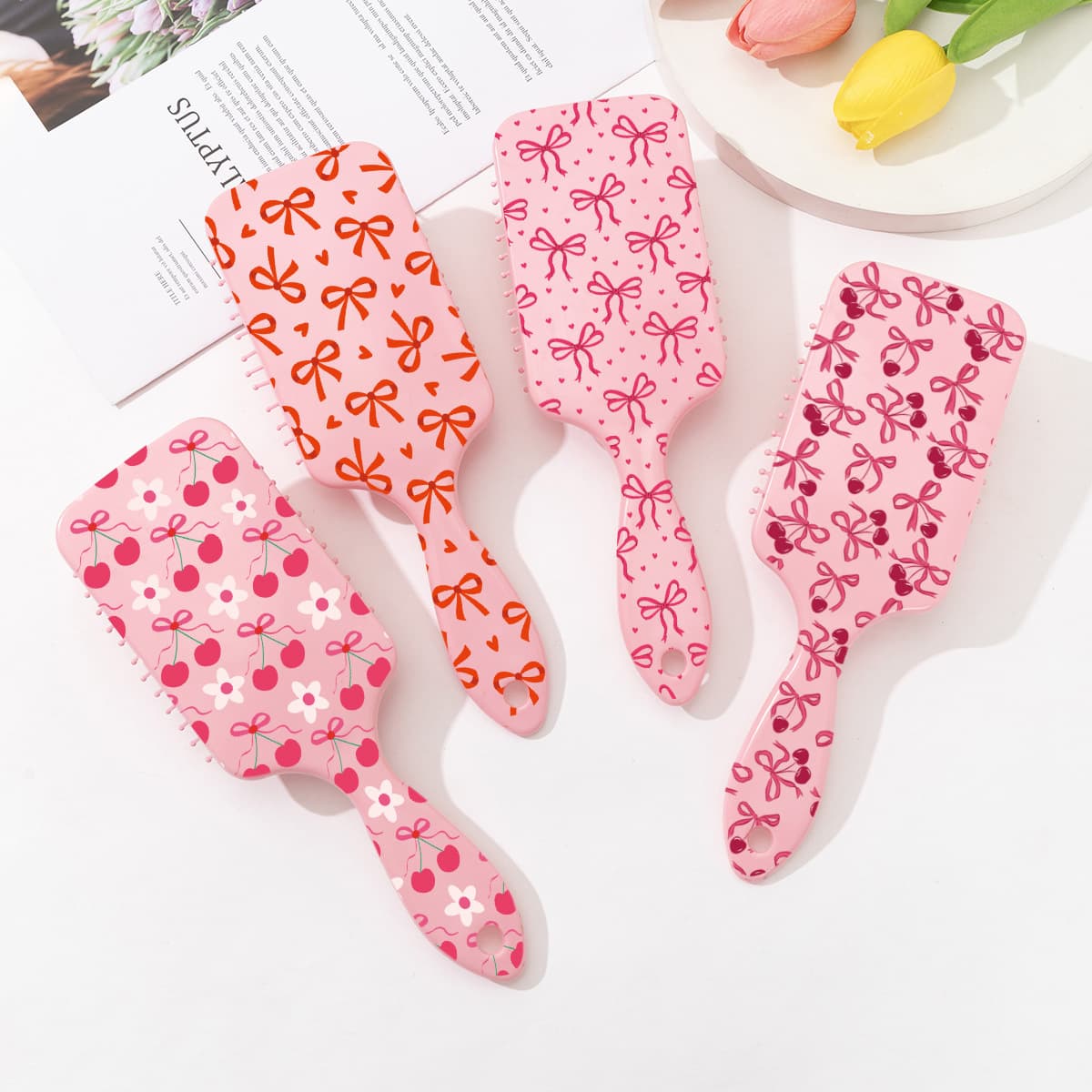 Cross-border popular pink cute bow cherry print air cushion comb anti-knot hair smoothing hair comb