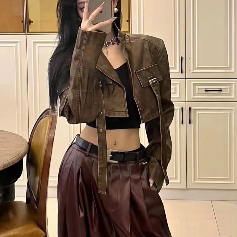 Cool Girl Vintage Distressed Frayed Wasteland Style PU Jacket Women's Spring Autumn Button Workwear Lapel Short Leather Jacket