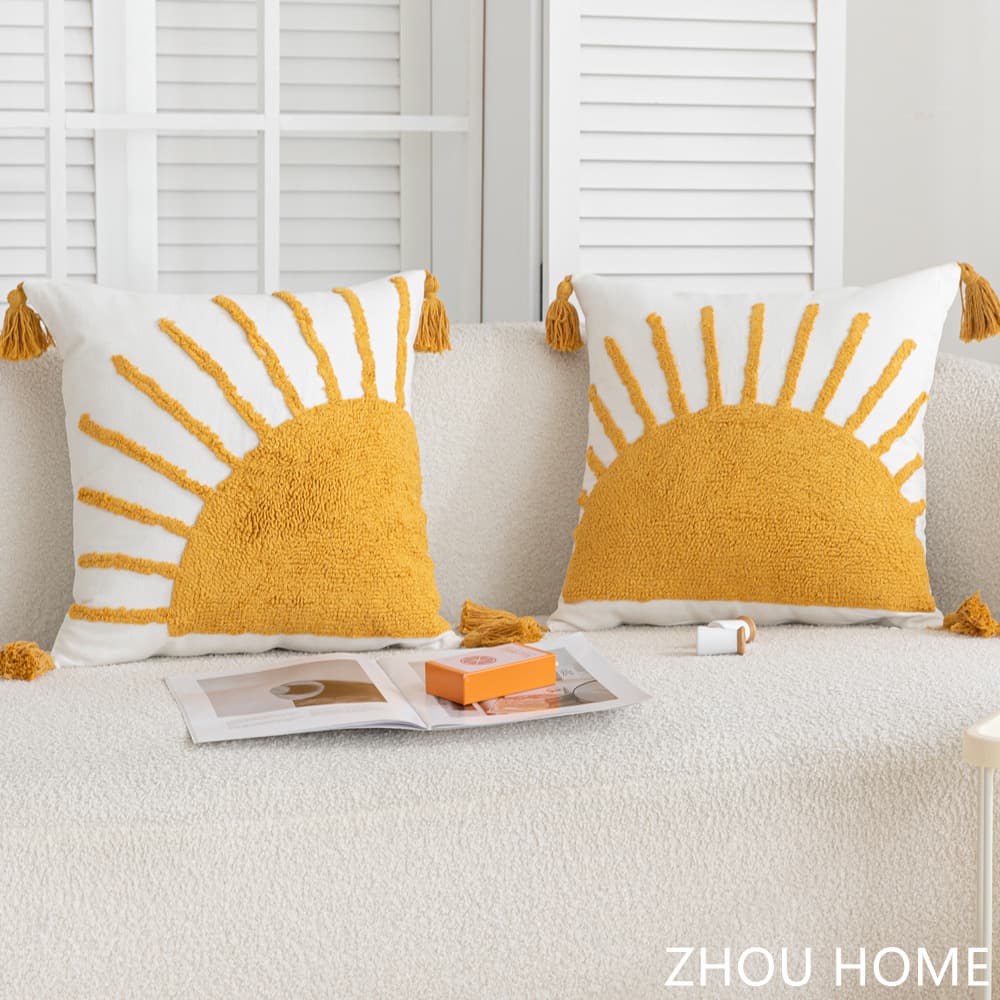 Cross-border new tufted loop velvet pillowcase living room sofa bedroom pillow three-dimensional embroidered sun tassel pillow