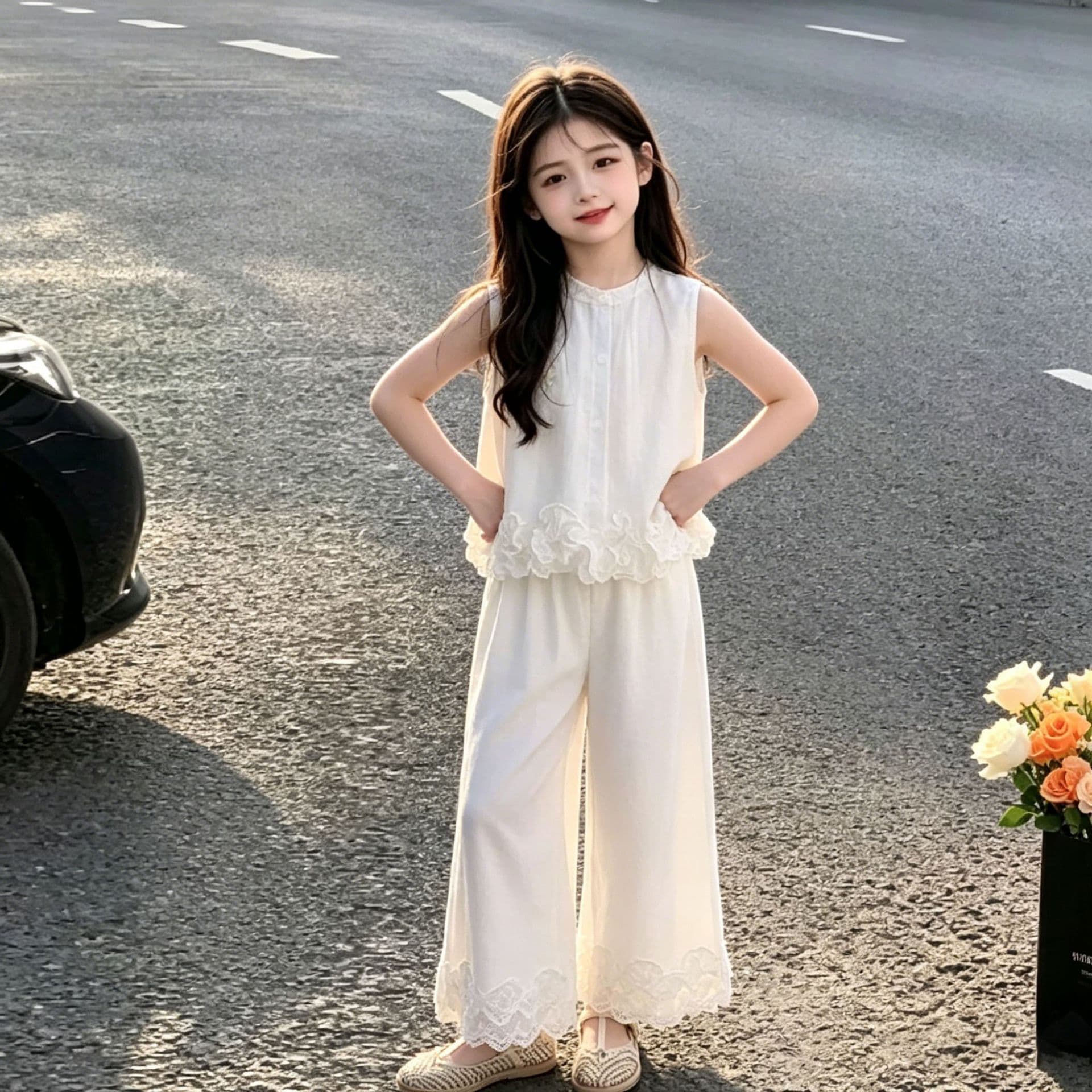 Summer Girls Suits 2026 New Casual Girls Korean Style Large Children's Lace Hem Vest Wide Leg Pants Suit