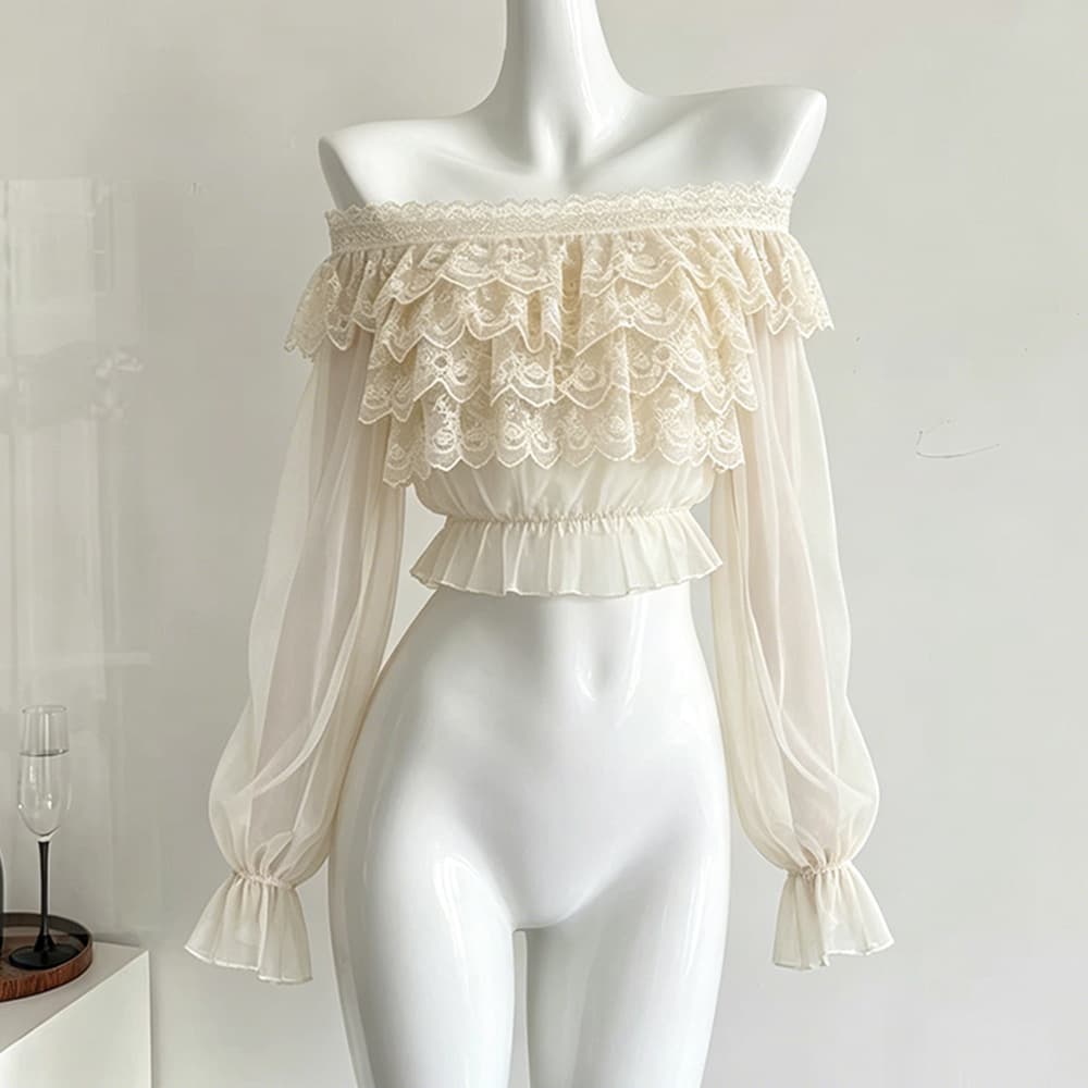 Off-Shoulder Lace Long-Sleeve Blouse for Women Summer New French Waist-Nipping Slim Fit Stylish Elegant Top