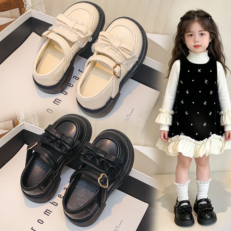 Girls Leather Bow Flat Shoes 2026 Autumn New Kids Black Performance Shoes Girls Princess Shoes Wholesale