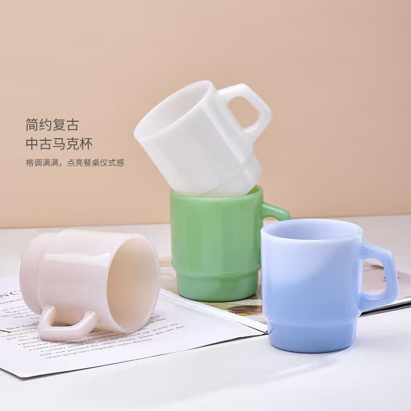 Creative Cream Jade Handle Coffee Cup, Home Minimalist Mug, Easy-to-Store Colorful Stacking Cup, Printed Glass Cup