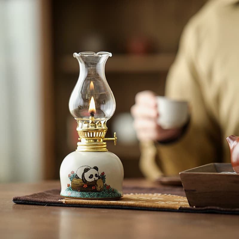 Panda ceramic oil lamp, butter lamp, camping tea room decor ambiance light, nostalgic retro Buddhist eternal light, small lamp