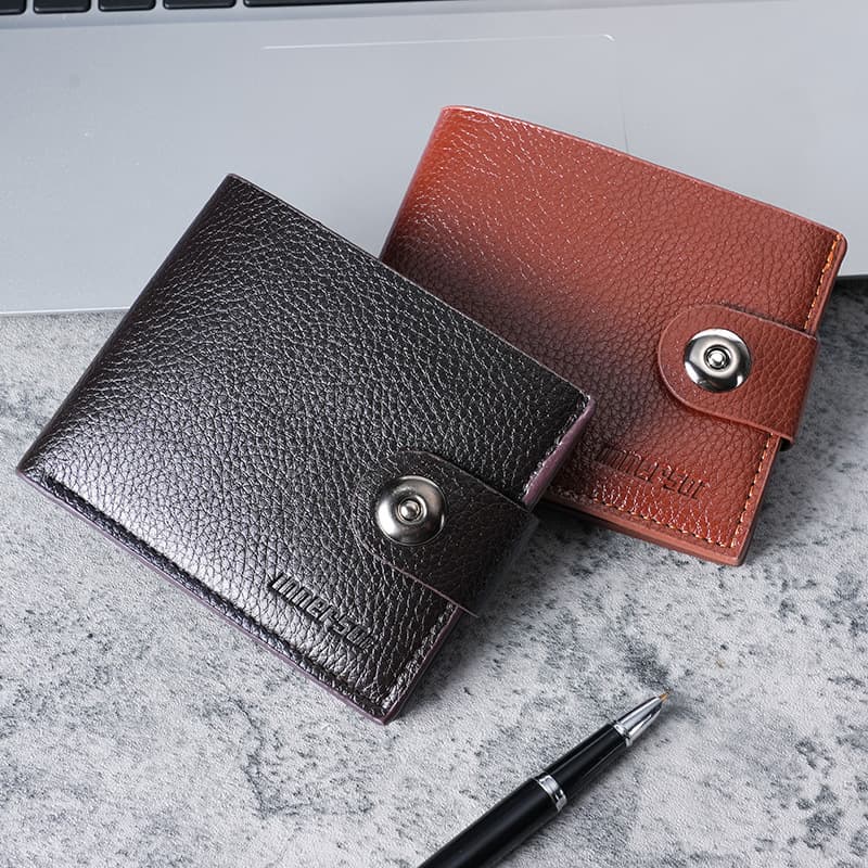 Magnetic Button Wallet Short Style Men's Wallet with Zipper, Fits Driver's License, Horizontal Leather Billfold