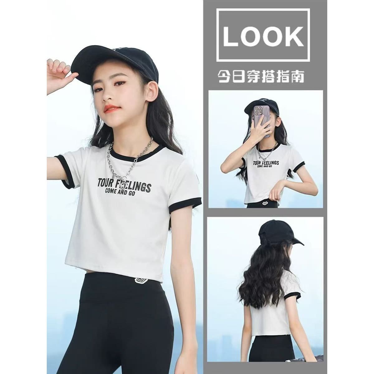 Girls T-Shirt Short High-Waist Big Kid Short Sleeve Street Dance Summer Crop Top Fitted Half Sleeve