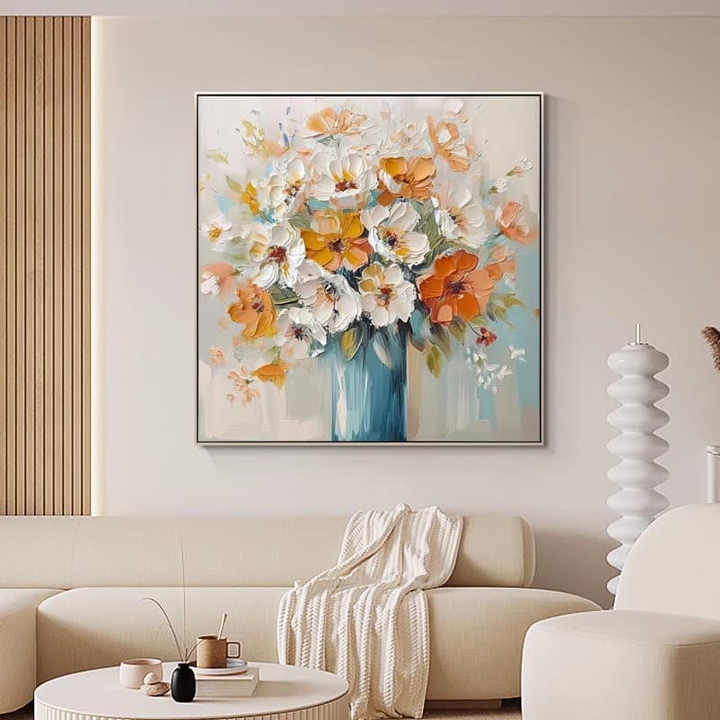 Hand-painted Oil Painting American-style Restaurant Wall Art, Light Luxury French Entryway Decorative Painting, Modern Living Room Textured Floral Mural