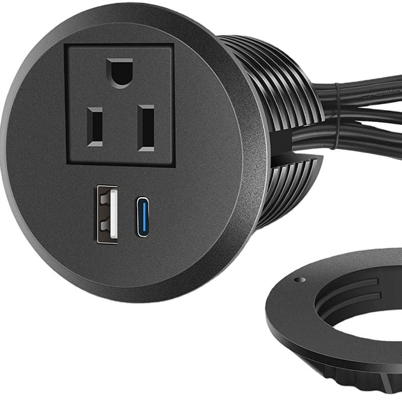 Mini Round Socket with USB-A + USB-C Ports, Built-in Desktop American Power Outlet