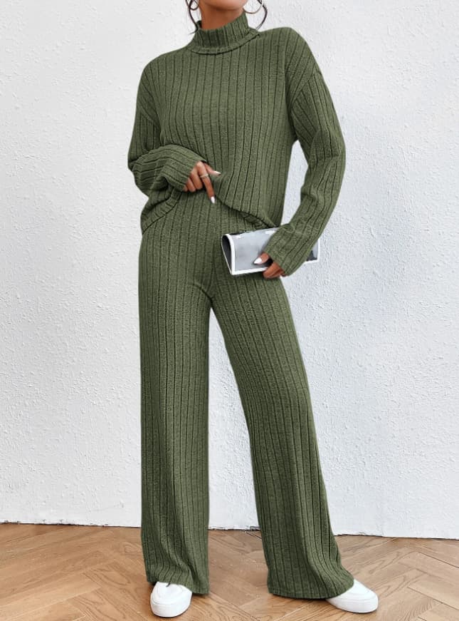 Cross-border EU/US 2026 Fall/Winter Casual High Neck Knitted Fleece Long Sleeve Set Women's Sweatshirt Loose Pants