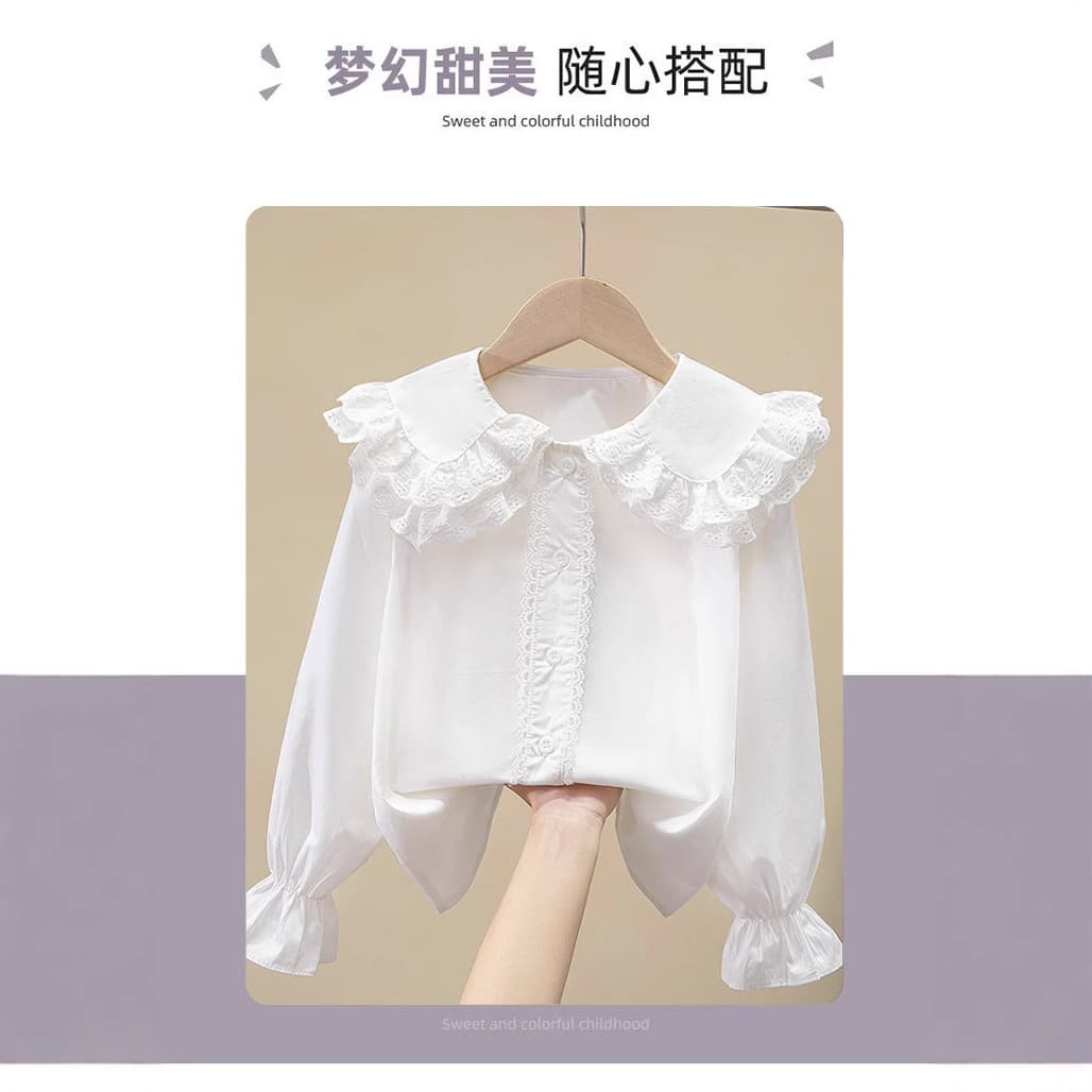 Girls' White Long Sleeve Shirt Spring Autumn Class Uniform Performance Costume Lace Student Uniform New Spring Autumn Lace