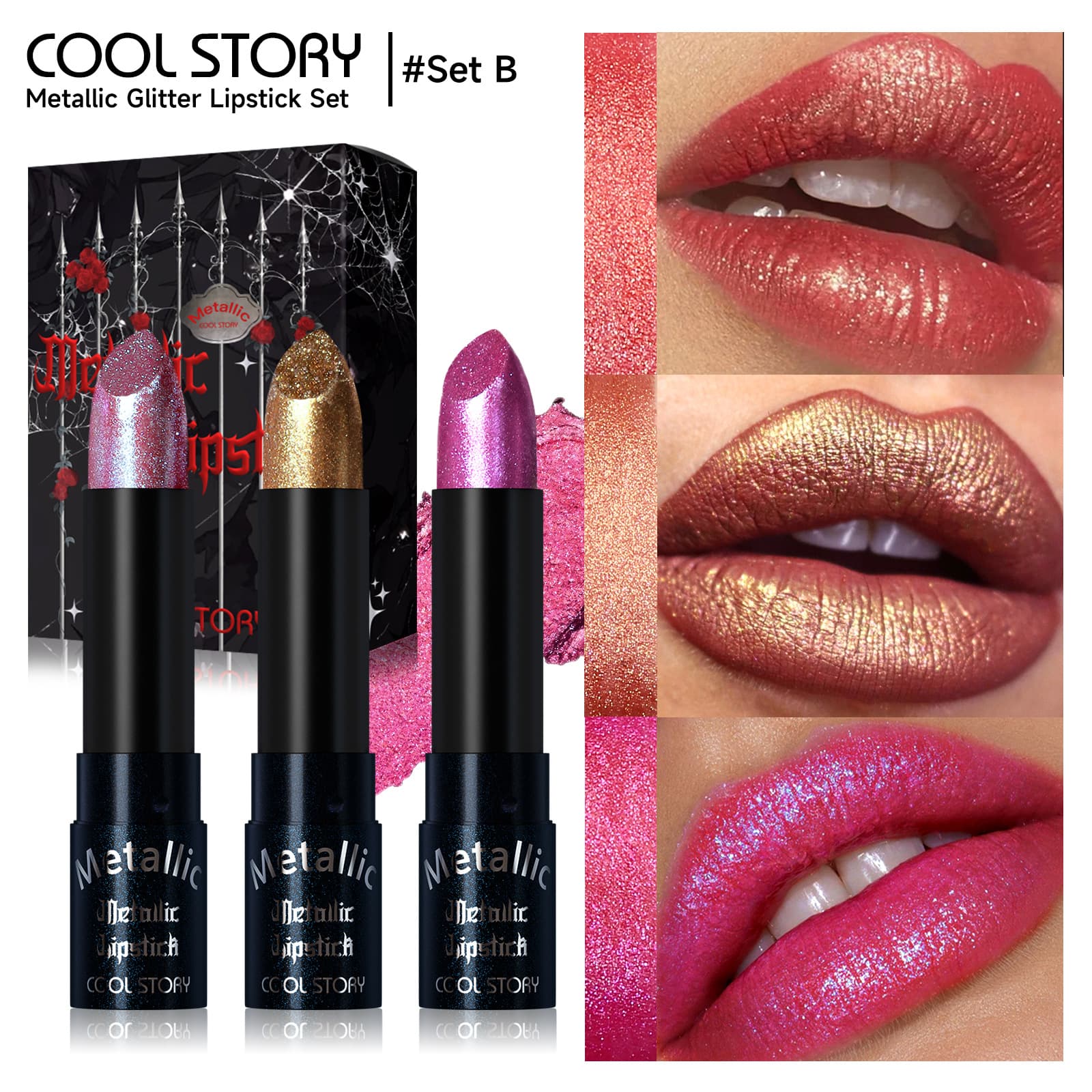 COOLSTORR Cross-Border Non-Smudge Matte Lipstick Diamond Sparkle Lip Gloss Cool Makeup 3-Pack
