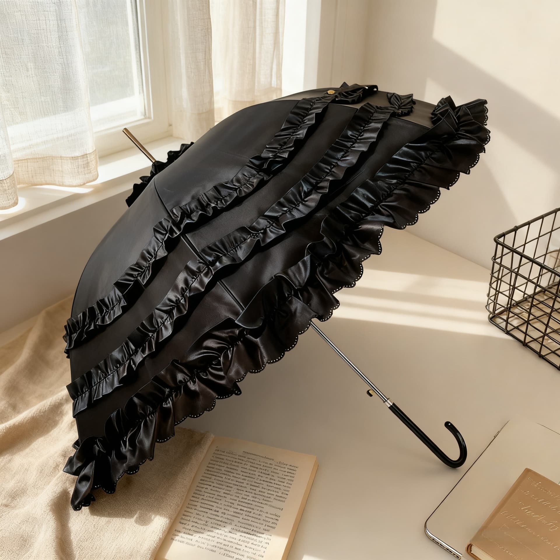 Lolita Lace Princess Parasol, Lolita Lace Straight Rod Sunshade Apollo Birdcage Sun and Rain Dual-Use Long Handle Umbrella