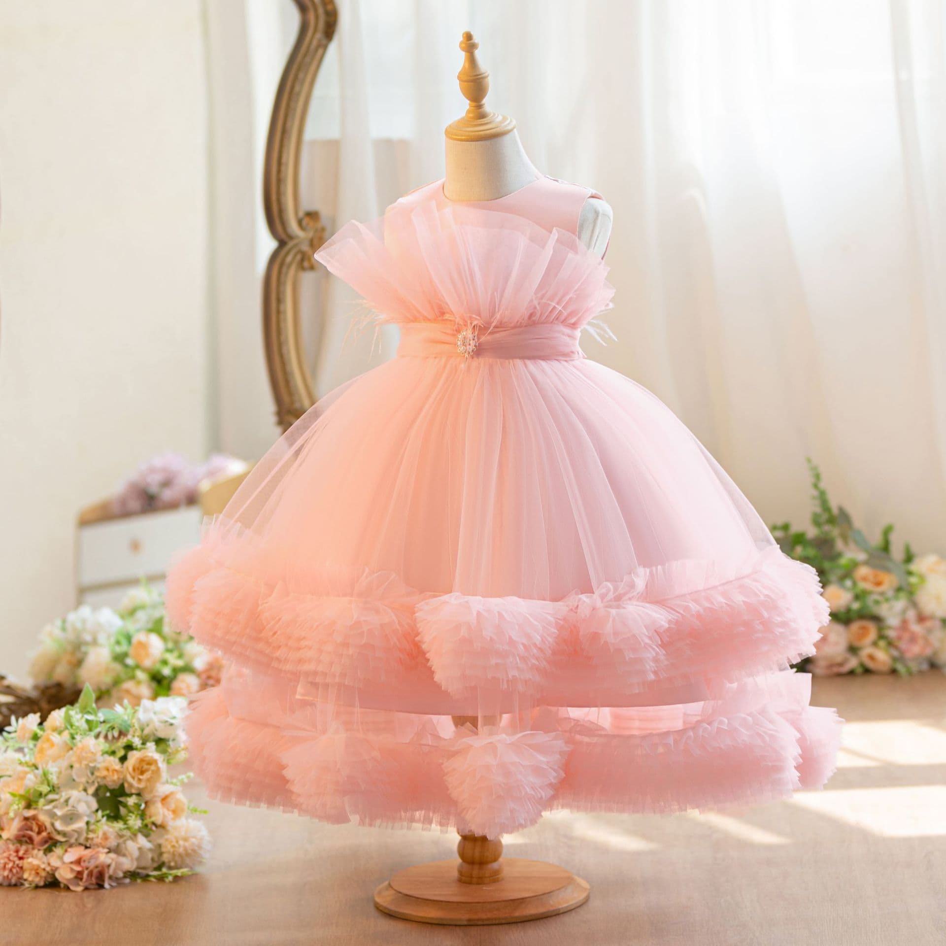 New Mesh Girls Dress for Party Birthday Princess Gown Photo Studio Shooting First Birthday Dress