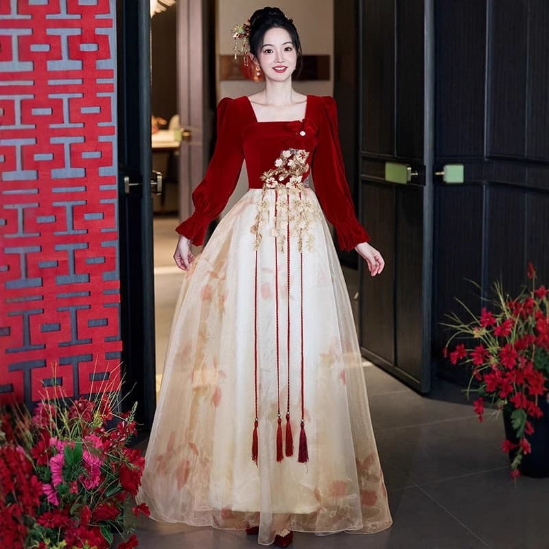Plus Size Wedding Toast Dress 2026 New Long Sleeve French Style Engagement Wedding Banquet Long Elegant Summer Dress for Women
