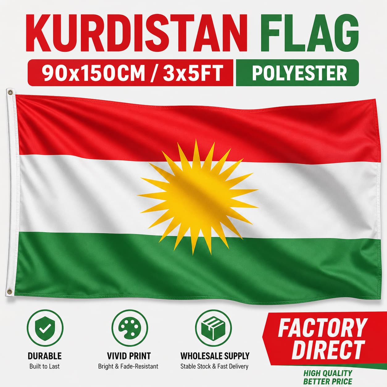 90*150cm Kurdistan Flag No.4 Polyester Banner Campaign Flag Hand Waving Flag Factory Supply 3*5ft