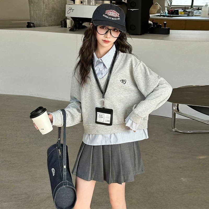 Girls' Preppy Style Sweatshirt Set 2026 Spring and Autumn New Faux Two-Piece Top and Skirt Two-Piece Set Spliced POLO Collar