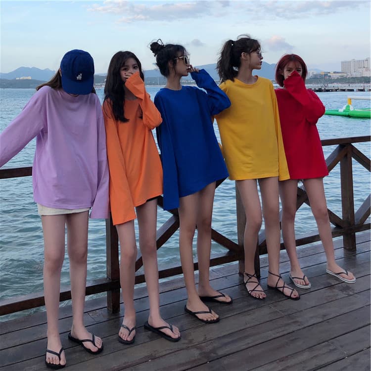 Colorful Sister Outfits Candy Color T-Shirt Women Loose Korean Style Base Layer Women Mid-Length Solid Long Sleeve Top