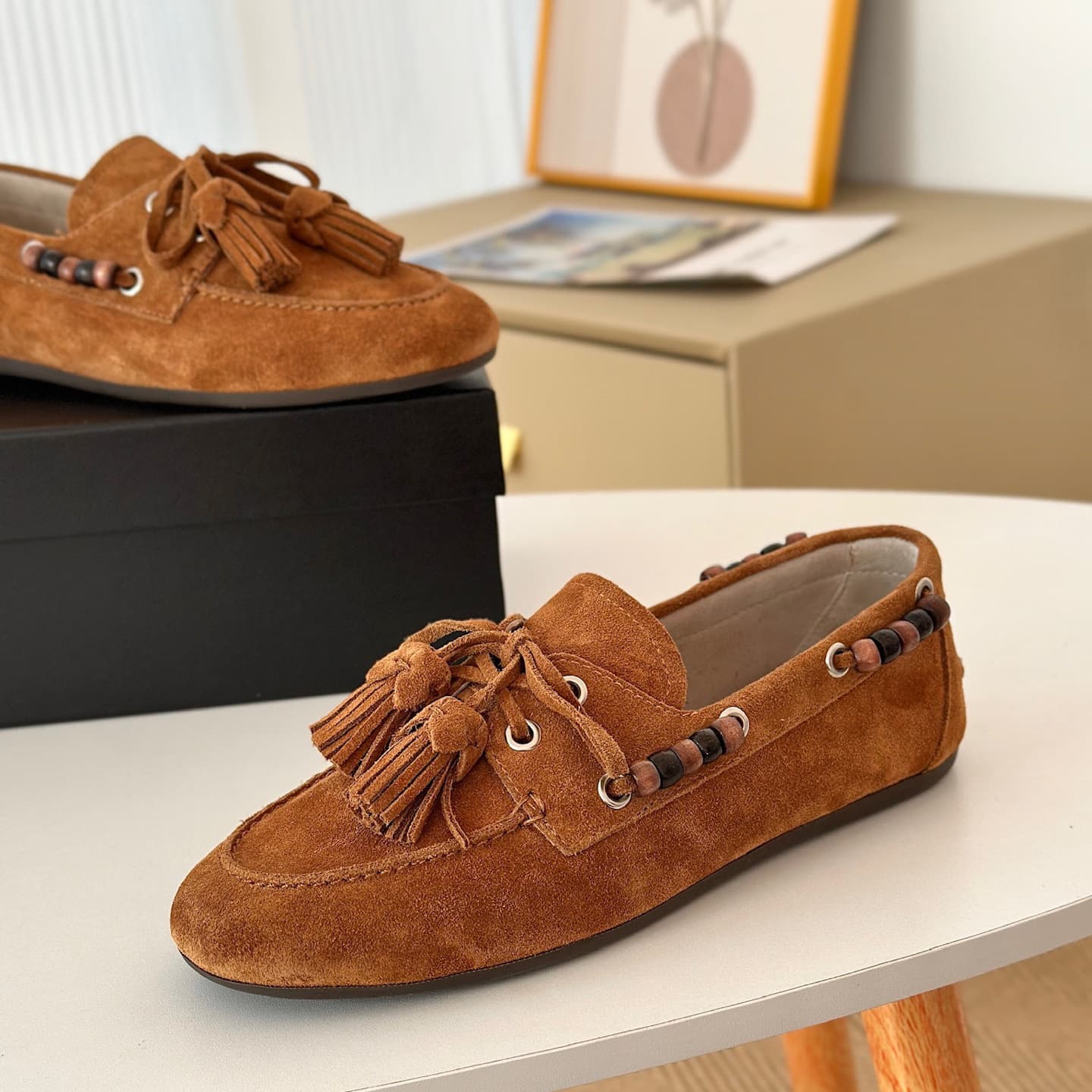 Vintage Tassel Pendant Beaded Loafer Flat Slip-On Casual Leather Shoes for Women