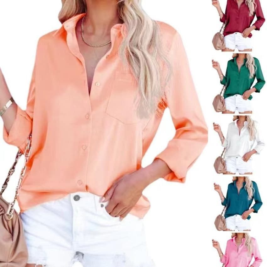 In-Stock European and American Women's Fashion 2023 Spring New Amazon Satin Long-Sleeve V-Neck Office Business Shirt Elegant
