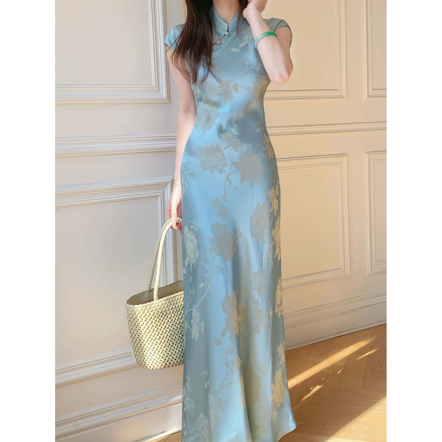 Light Luxury New Chinese Style Faux Two-Piece Cheongsam Dress for Women, Summer Gentle Light Mature Elegant Slim Cheongsam Long Dress