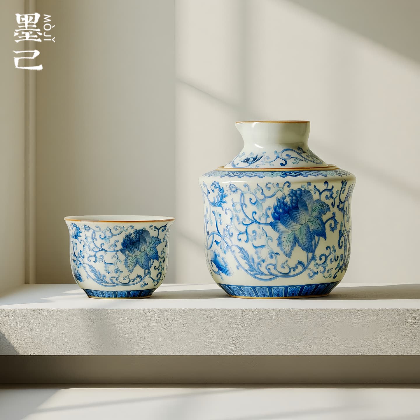 Moji Ru Kiln Wine Warmer, Blue and White Lotus Pattern Ceramic Hot Wine Pot, Household Rice and Sake Warming Set