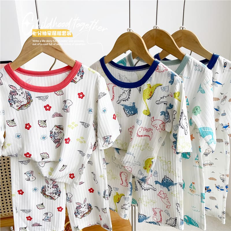 Children's home clothes set summer boys' three-quarter sleeve air-conditioned clothes baby girl's casual ice-sense trousers pajamas set